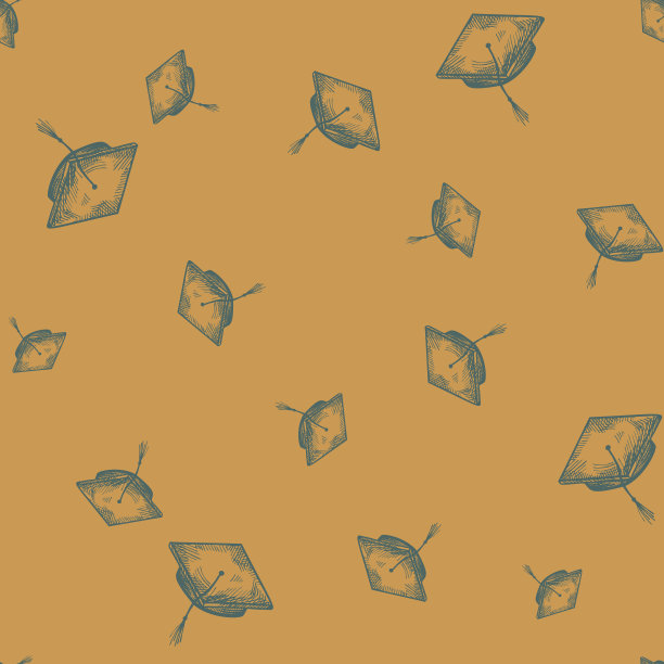 毕业生帽子上刻着无缝图案。手绘风格的复古元素教育。素描纹理的织物，墙纸，纺织品，印刷，标题，包装纸。矢量插图。图片下载