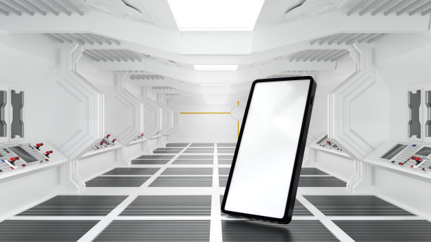 宇宙飞船或空间站内部的智能手机，科幻隧道，网上市场，网上银行，3D渲染。图片下载