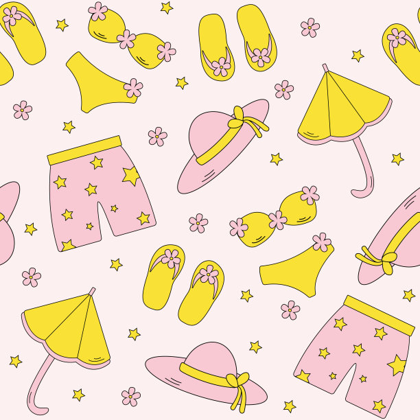 矢量无缝模式与夏季海滩服装在有趣的卡通风格。帽子，泳衣，短裤，雨伞，人字拖图片下载