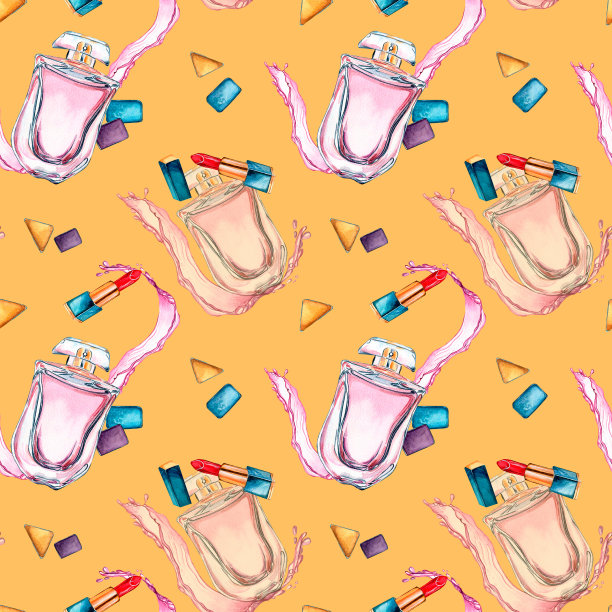 香水瓶有飞溅，胭脂水彩无缝花纹隔离在赭石上。图片下载