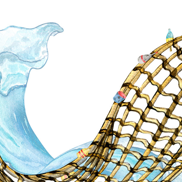 渔网和浮标，白色背景上孤立的海景水彩插图。图片下载