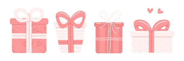 一套可爱的粉色卡通礼物。情人节矢量隔离插图。礼盒收藏。图片下载