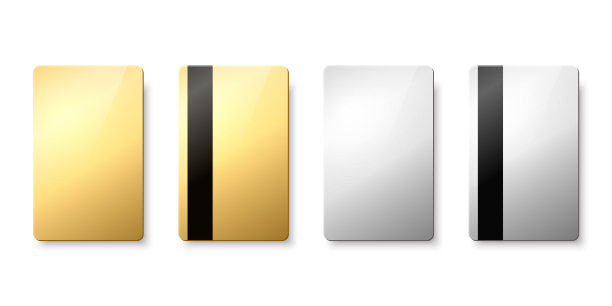 矢量金，银礼品卡，证书，客房，塑料酒店公寓钥匙卡，身份证，销售，信用卡设计模板，品牌。俯视图-正面，背面，磁条图片下载