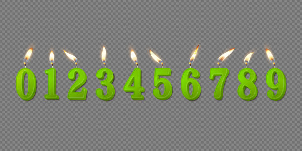 矢量3d现实石蜡或蜡燃烧绿色生日派对蜡烛，数字和不同的火焰蜡烛图标集隔离。设计模板，剪贴画，生日概念。俯视图图片下载