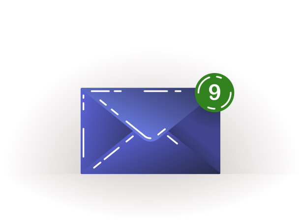 白色背景上的蓝色封闭信封图标，带有通知。未读邮件图标。邮件通知。电子邮件签名行。矢量明亮的信息图标为网络，计算机和移动应用程序图片下载