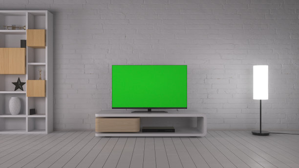 现代家庭客厅室内的绿幕电视。带电视的现代客厅。三维渲染图片下载