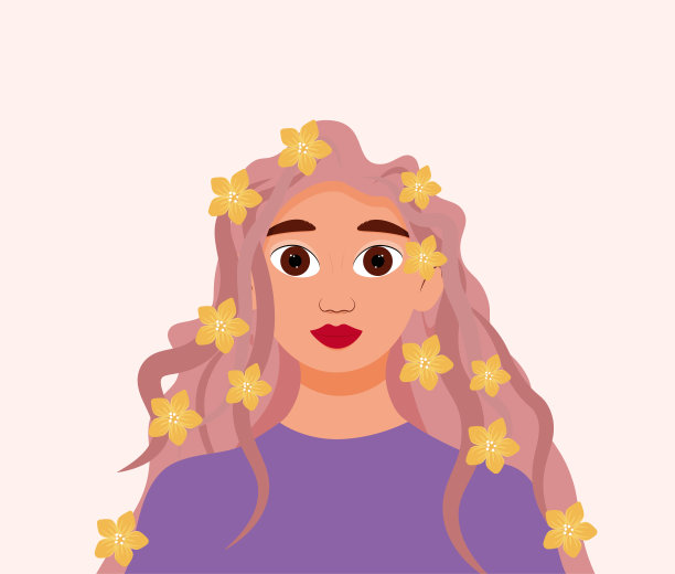 矢量插图女孩与花在她的头发。粉红色头发的可爱女孩。图片下载