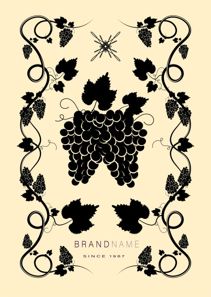 葡萄酒或果汁包装贴纸。一串带叶子和卷须的葡萄。秋天的收获。广告标签与浆果剪影。简单平向量图片下载