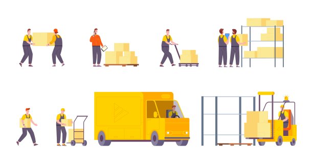 仓库的工人。工人用仓库库存或货车装载送货箱，分配工作人员在仓库搬运货物，精彩的矢量插图图片下载