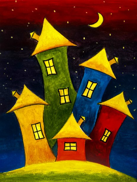 晚上五颜六色的可爱房子。丙烯艺术绘画。图片下载