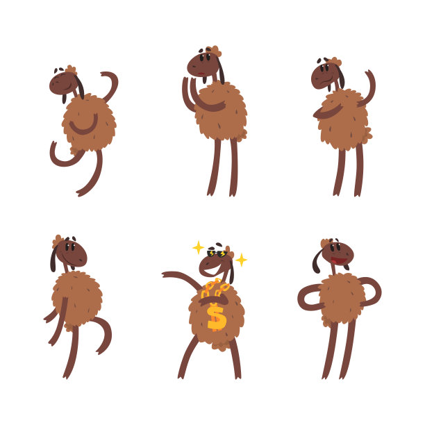 有趣的棕色绵羊角色作为有蹄类动物参与不同的活动向量集图片下载