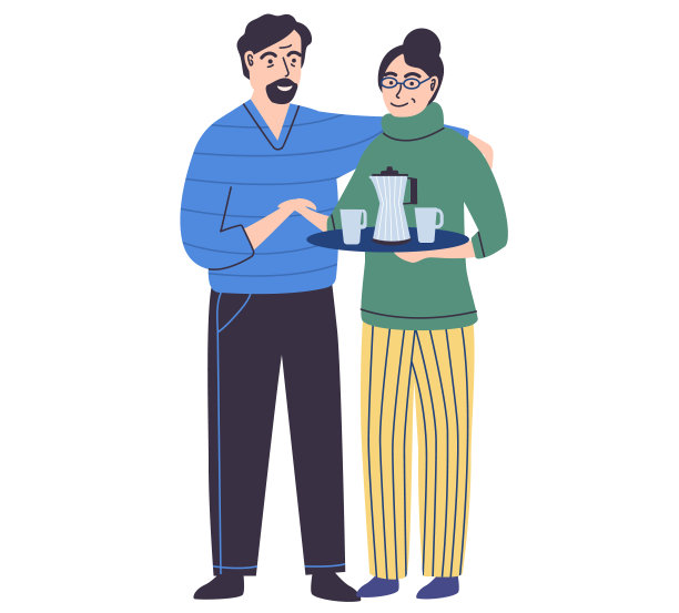 咖啡馆里的咖啡师情侣，男女站立端着咖啡图片下载