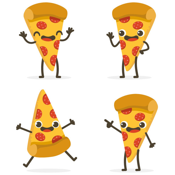 一套可爱的比萨饼卡通食物人物孤立在白色。图片下载
