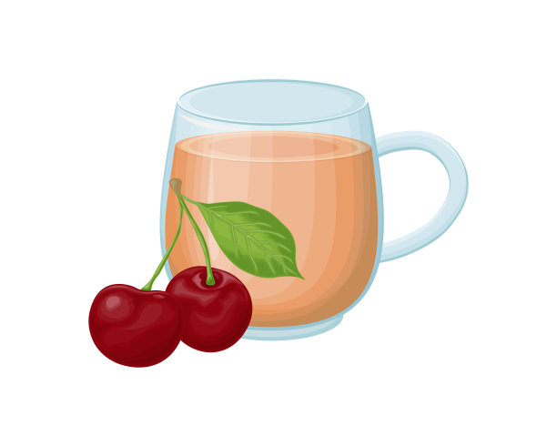 一杯茶。一杯樱桃茶。一杯热饮，旁边放着樱桃浆果。樱桃果盘。矢量插图孤立在白色背景上图片下载