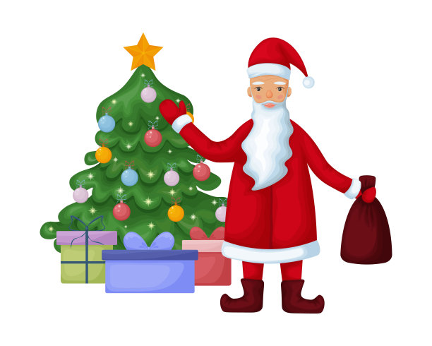 圣诞老人。可爱的卡通圣诞老人站在圣诞树旁边，手里拿着一袋礼物。圣诞树和礼品盒。矢量图图片下载