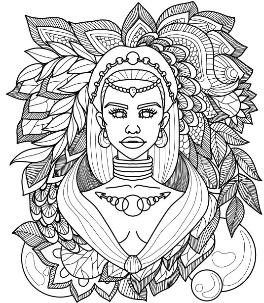 涂色书，一个不寻常的女孩的头，周围的花朵和树叶和不同的图案图片下载