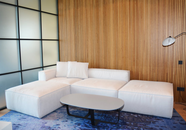 客厅的现代室内设计有磨砂玻璃墙、木板、舒适的白色角落沙发、蓝色地毯上的椭圆形咖啡桌和现代的闪电灯。图片下载