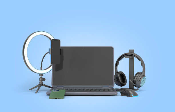 现代笔记本电脑与配件流3d渲染图像上的蓝色图片下载