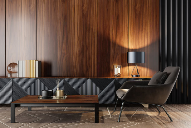 豪华的黑色和天然木材客厅内部与木镶板在墙上图片下载