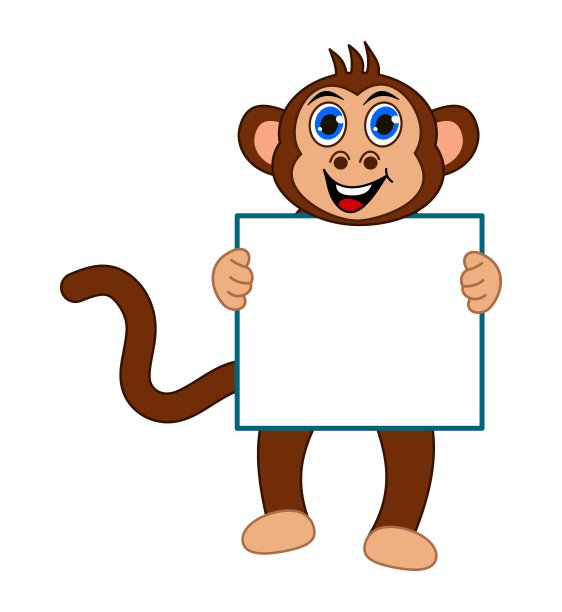 棕色的猴子微笑着站在蓝色的眼睛拿着一个广告牌-矢量图片下载