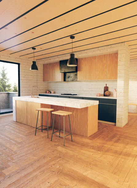 简约干净的厨房，配有两把凳子图片下载