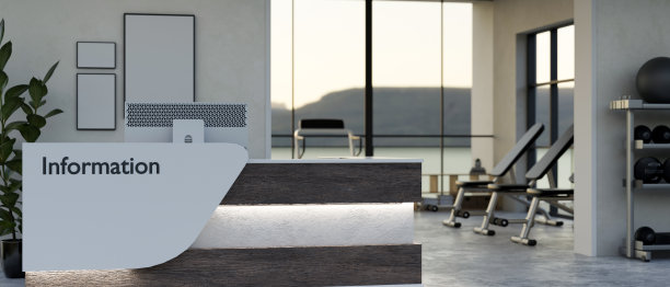 现代健身健身中心信息大堂室内设计，设有大堂柜台，运动器材图片下载