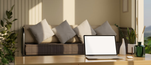 笔记本电脑模型和陶瓷花瓶在舒适的客厅带沙发的木咖啡桌上图片下载
