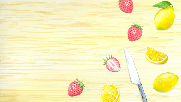水彩画的水果和刀在木板上从上面看图片下载