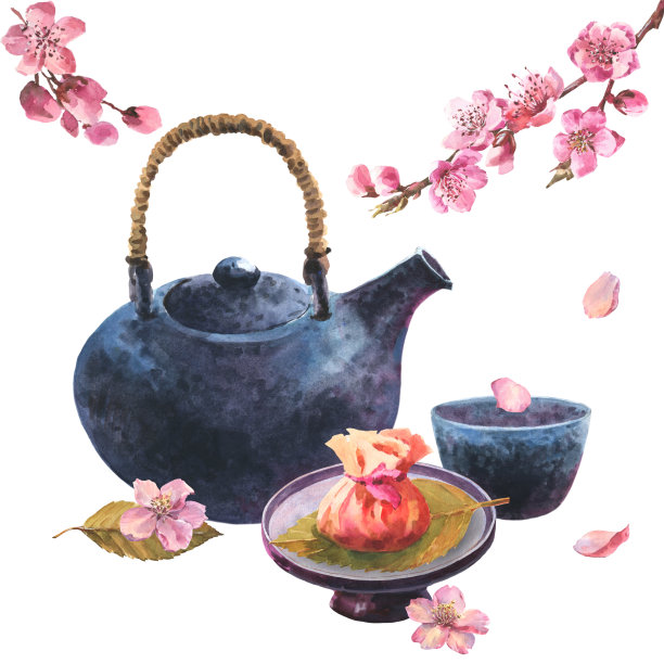 日本茶道水彩画插图，深蓝色陶瓷茶壶，茶碗，樱花与茶布包裹和樱花树枝，孤立在白色背景上。图片下载