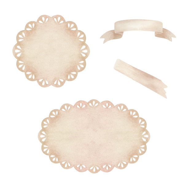 圆形和椭圆形的花边桌巾。米色，粉红色。文字或铭文的地方。水彩插图。孤立在白色背景上。适用于贴纸、贺卡、婚礼请柬的设计图片下载