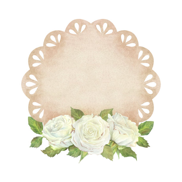 米色蕾丝桌巾与白玫瑰和叶子。铭文或文字的地方。水彩插图。孤立在白色背景上。贺卡、婚礼请柬、剪贴簿的设计图片下载