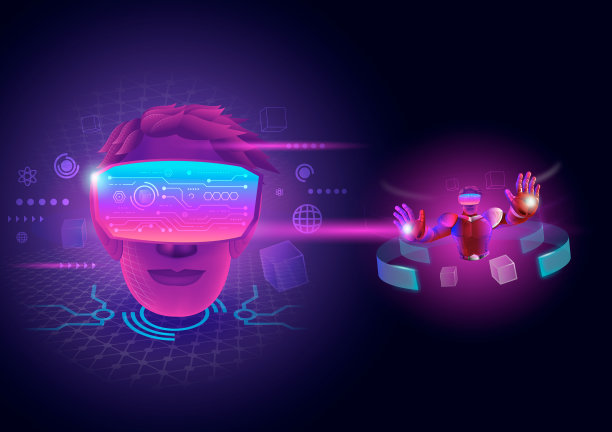 Metaverse技术概念。一名男子头戴VR虚拟现实护目镜。图片下载