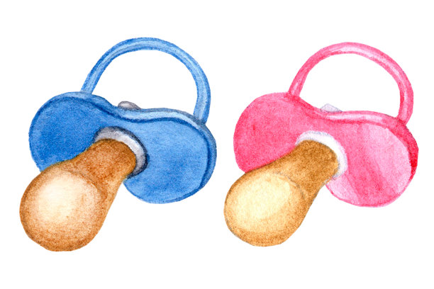 刚出生的男孩和女孩都有粉色和蓝色的奶嘴。手绘水彩插图孤立的白色背景。婴儿派对或性别派对图片下载