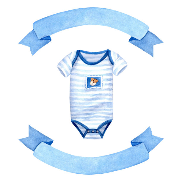 蓝色的男孩紧身衣和丝带。艺术水彩插图孤立的白色背景。用于印制明信片图片下载