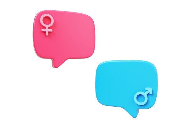 言语泡泡与性别符号粉色和蓝色爱情女性，男性，男孩，女孩情人节情侣性或家庭关系。交流、谈话或信息剪切路径。3 d演示。图片下载