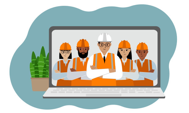 建设中在线咨询的概念。笔记本电脑上有一群土木工程师的照片。图片下载
