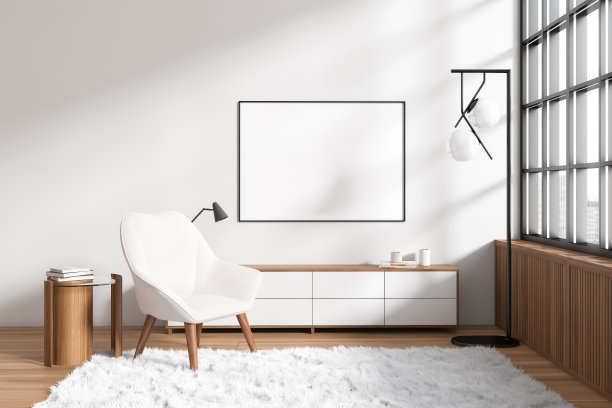 正面视图明亮的客厅内部与空海报图片下载