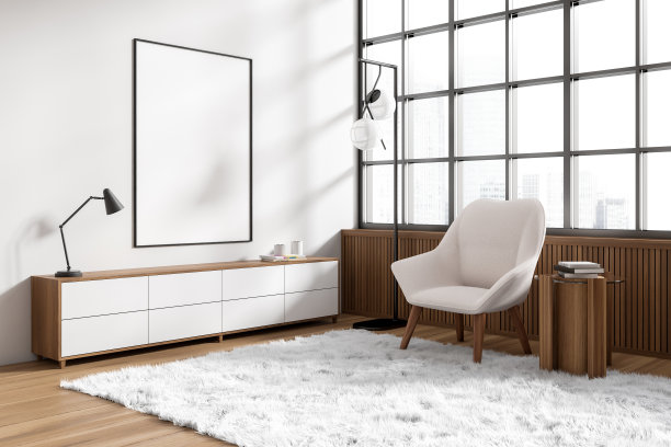 轻冷的室内，扶手椅和梳妆台靠近窗户。模型框架图片下载