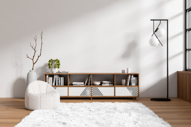 正面视图明亮的客厅内部与空墙图片下载