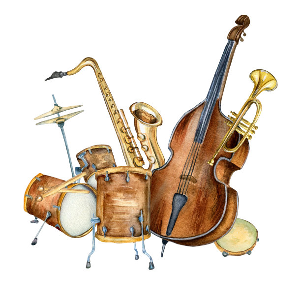 由架子鼓、萨克斯管、低音乐器组成水彩插图隔离。图片下载