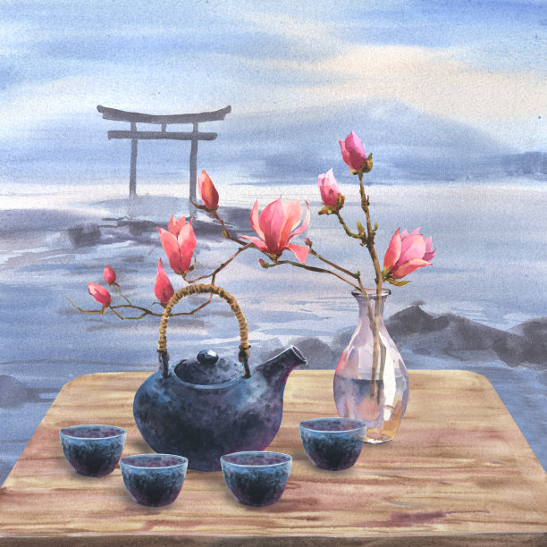 水彩画的深蓝色日本陶瓷茶壶，碗茶，透明的花瓶与盛开的木桌玉兰花，以海洋和鸟居门的风景为背景。图片下载
