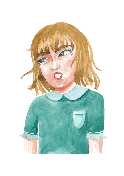 水彩画的烦恼和愤怒的女孩在绿色连衣裙与衣领图片下载