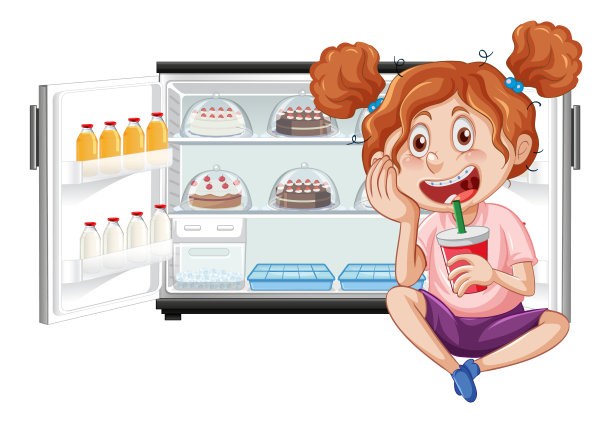 饥饿的女孩喜欢在冰箱前吃东西图片下载