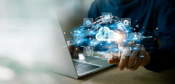 企业手中采用云计算存储和数据传输云网络、云技术。联网和互联网服务理念。图片下载