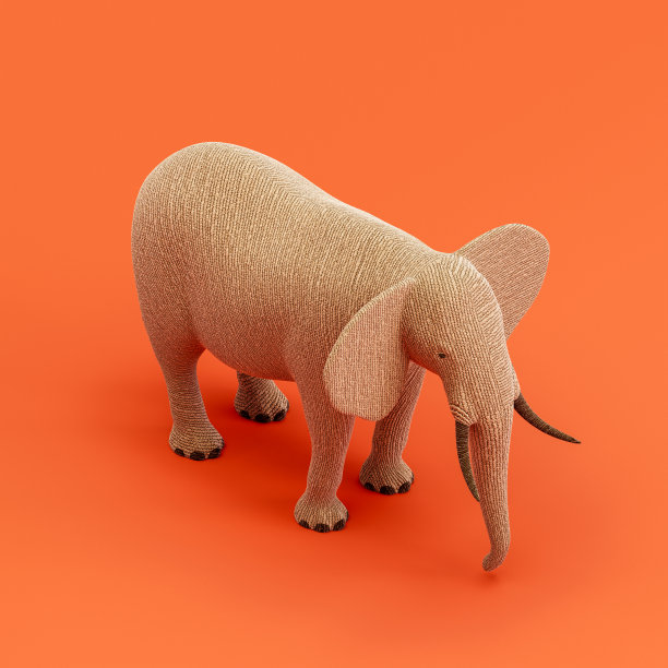 大象娃娃，毛绒动物制成的织物单动物从等距视图，棕色单色动物在橙色工作室，3d渲染图片下载