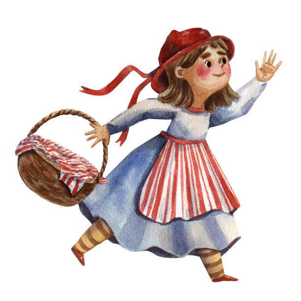 小红帽。水彩插图。幻想的女孩的性格。有趣的小女孩。红色的帽子和红色的裙子。站着微笑的性格。手绘插图。格林兄弟的童话。图片下载