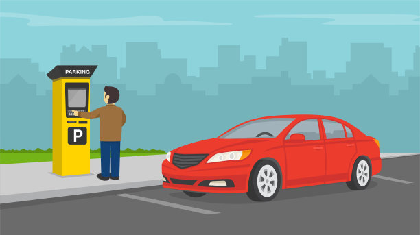 男司机付停车费。停车区设有收费系统。红色汽车透视视图。图片下载