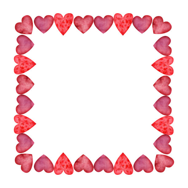 水彩画的方形框架的红色，粉色和紫色的心形情人节。孤立在白色背景上。设计纸张，爱情，贺卡，纺织品，印花，壁纸，婚礼图片下载