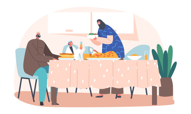 传统的阿拉伯家庭晚餐，母亲，父亲和儿子吃Ifthar坐在一起吃饭图片下载