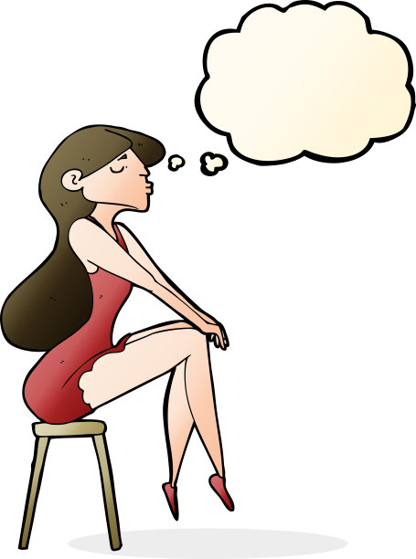 卡通女人坐在凳子上与思想泡泡图片下载